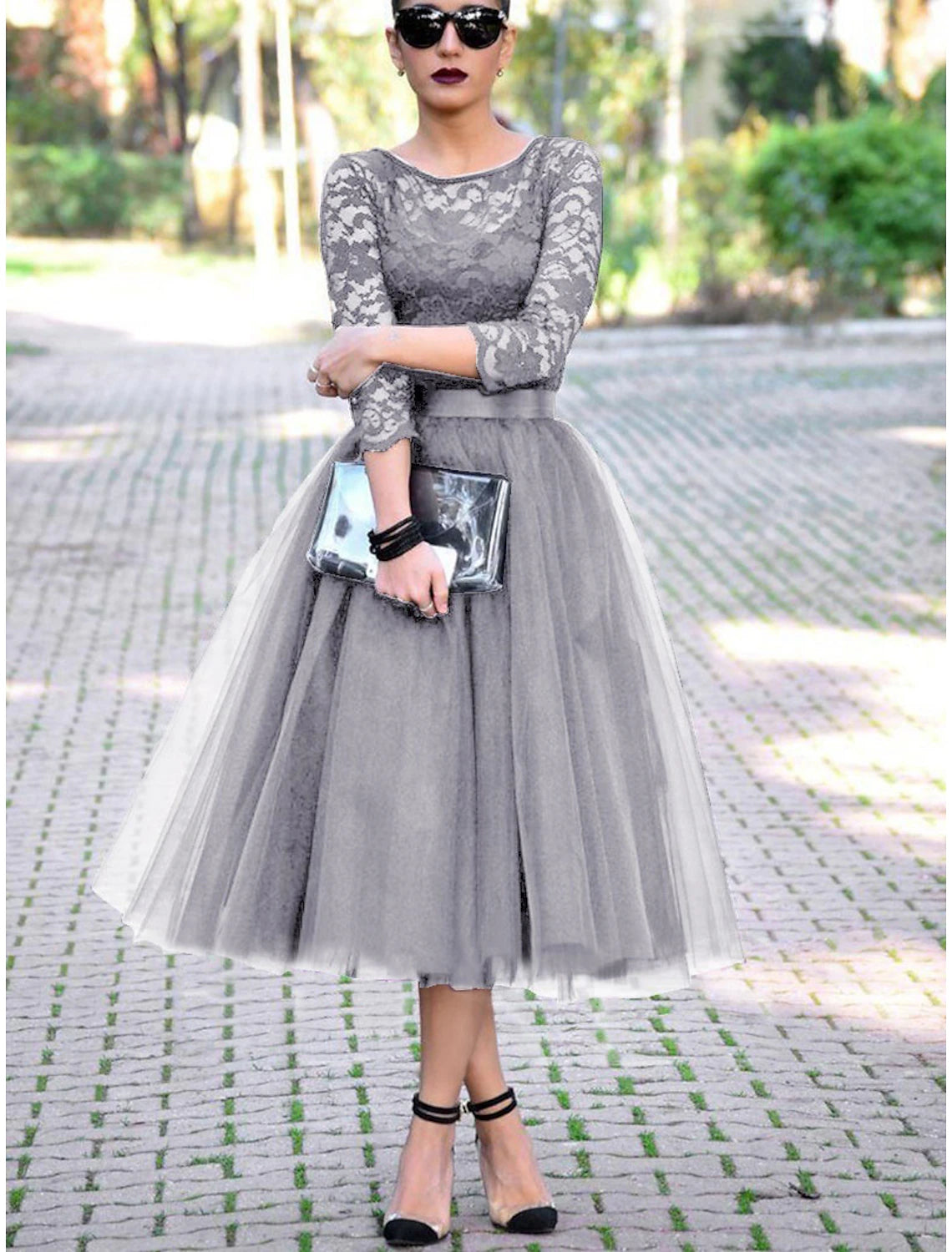 Luolandi A-Line Cocktail Black Dress Vintage Dress Halloween Ankle Length 3/4 Length Sleeve Jewel Neck Fall Wedding Guest Tulle with Pleats Lace